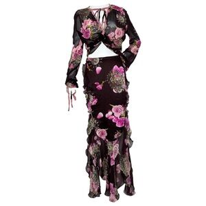 Emanuel Ungaro 2005 silk ruffle beaded skirt and blouse set